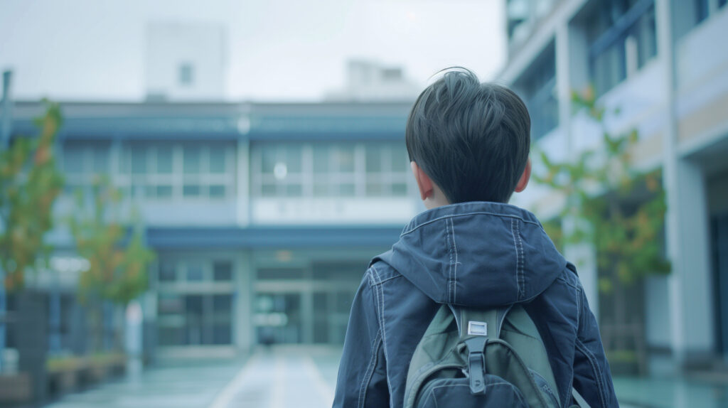 Enfant devant école, de dos