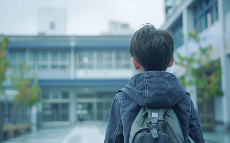 Enfant devant école, de dos